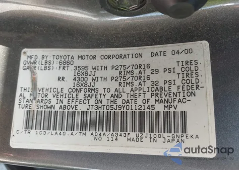 2000 Toyota Land Cruiser from USA, damaged, VIN JT3HT05J9Y0112145